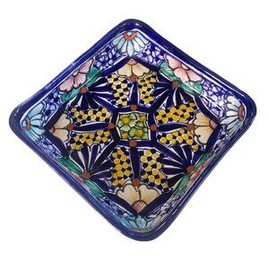 Colorful Mexican Talavera Hand Painted Square Pottery Dish 8.25” Width 2” Deep